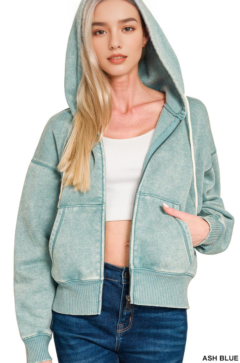`Acid Wash Fleece Cropped Zip Up Hoodie - Zenana: MOCHA-159846 / S