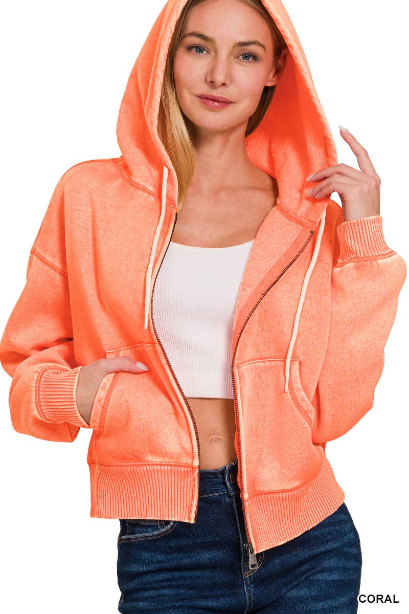 `Acid Wash Fleece Cropped Zip Up Hoodie - Zenana: MOCHA-159846 / L