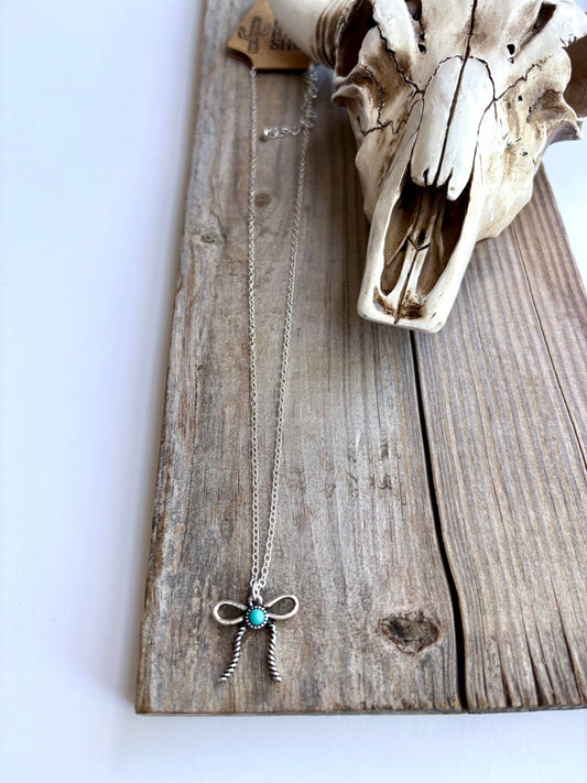 Western Style Coquette Bow Ribbon Pendant Chain Necklace: Turquoise
