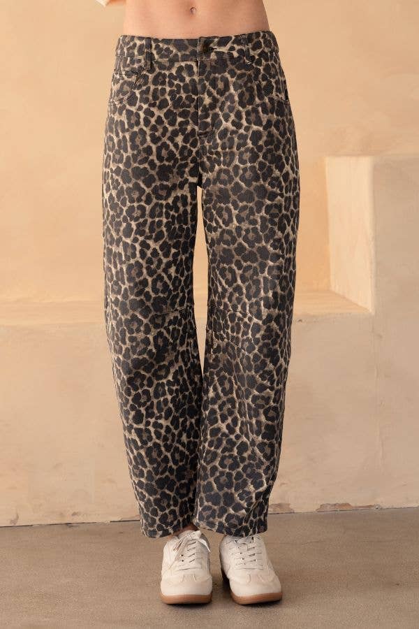 Leopard Denim Mid Rise Barrel Jeans