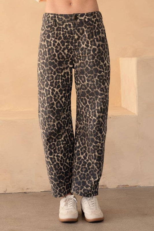 Leopard Denim Mid Rise Barrel Jeans