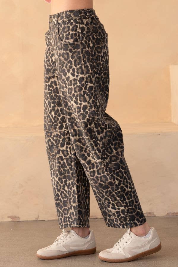 Leopard Denim Mid Rise Barrel Jeans