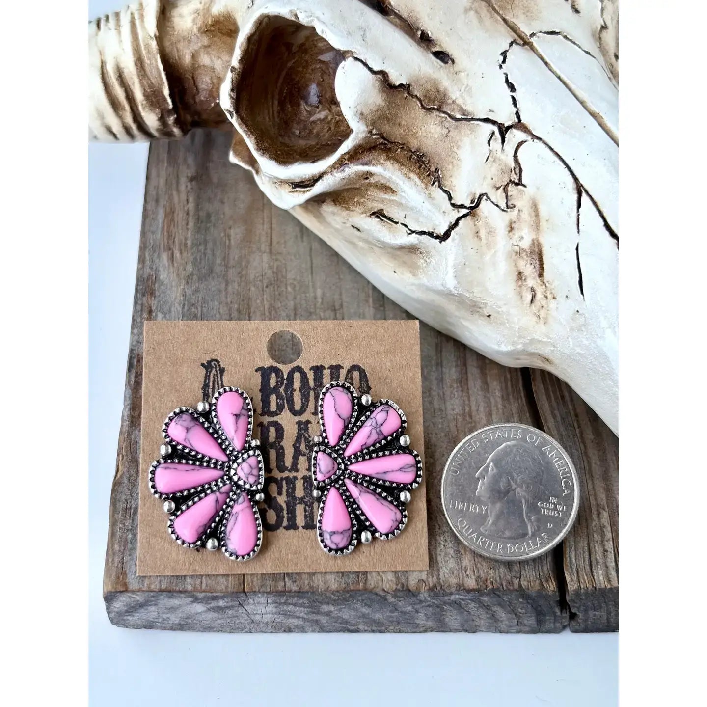 Western Squash Blossom - Stone Stud Earrings: WHITE