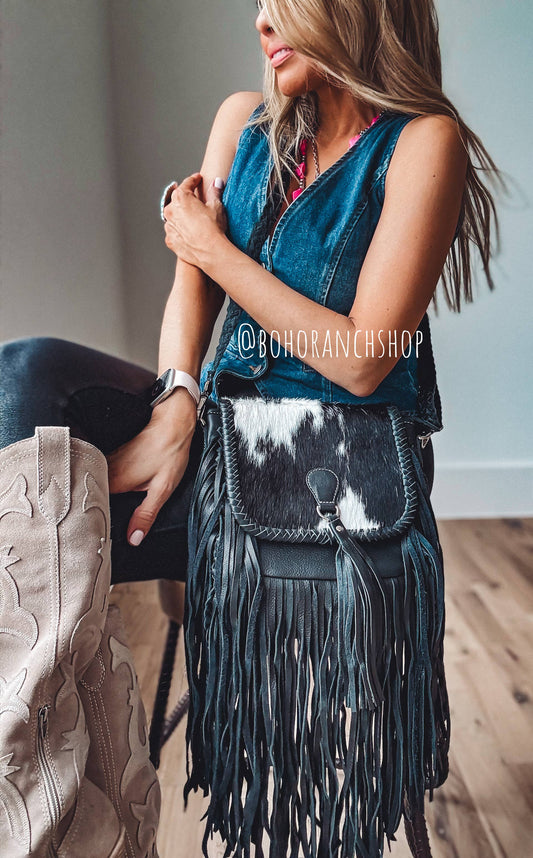 THE NANCY CROSSBODY Genuine Hairon Cowhide Leather Tassel: BLACK + WHITE COWHIDE