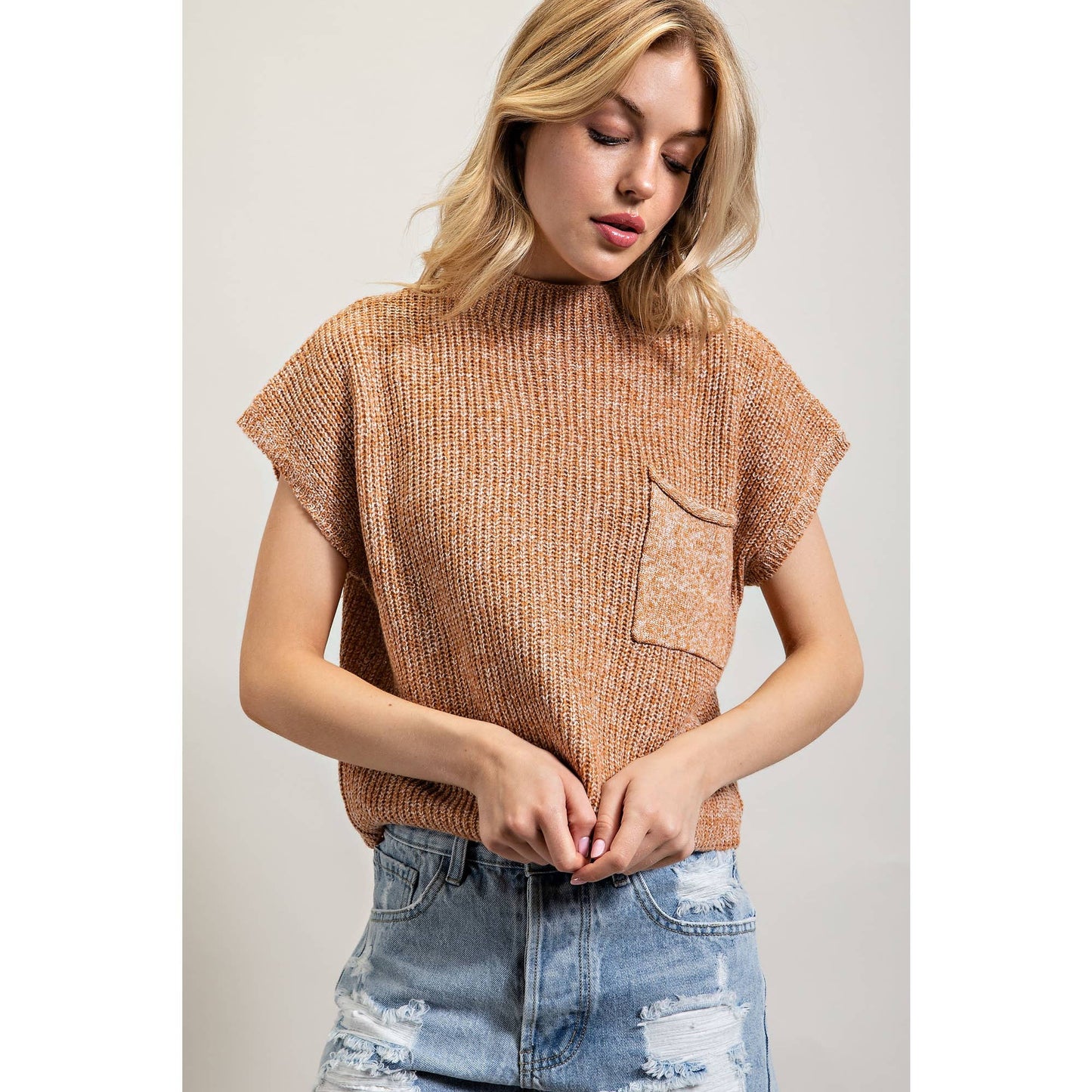 DROP SHOULDER RIB-KNIT SWEATER TOP: Taupe / S-M-L(2-2-2)