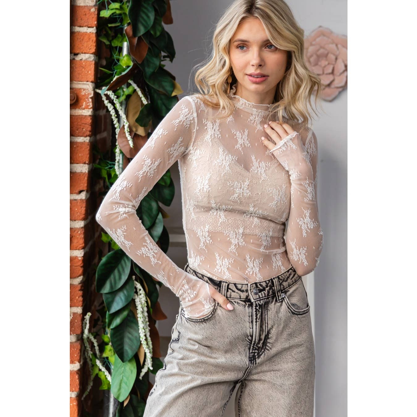 Lace Long Sleeve See Through Top