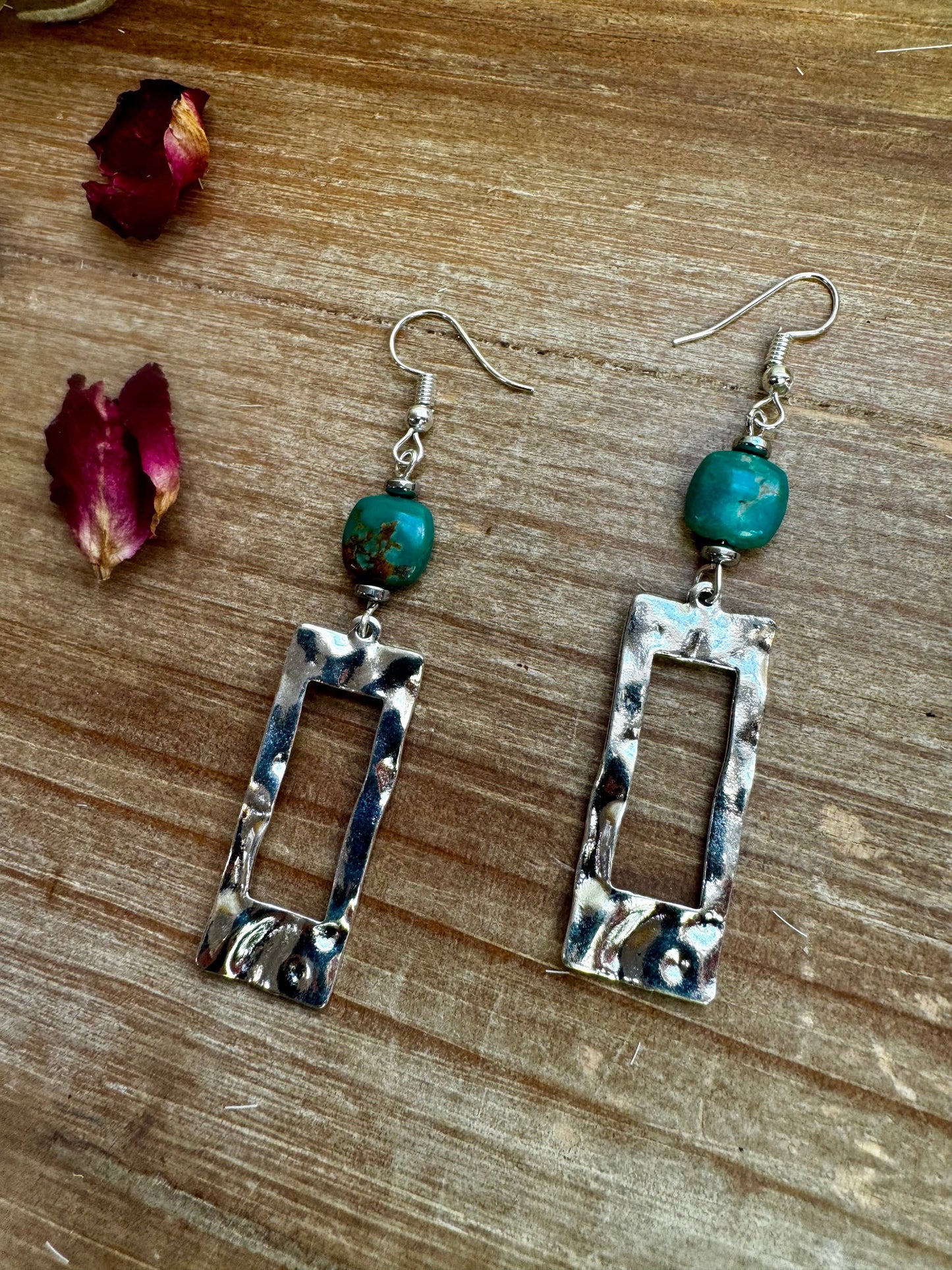 Green turquoise dangle earrings rectangle