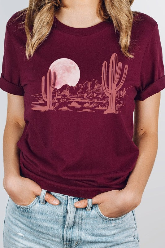 Pink Moon Night Desert Scene Cacti Graphic Tee