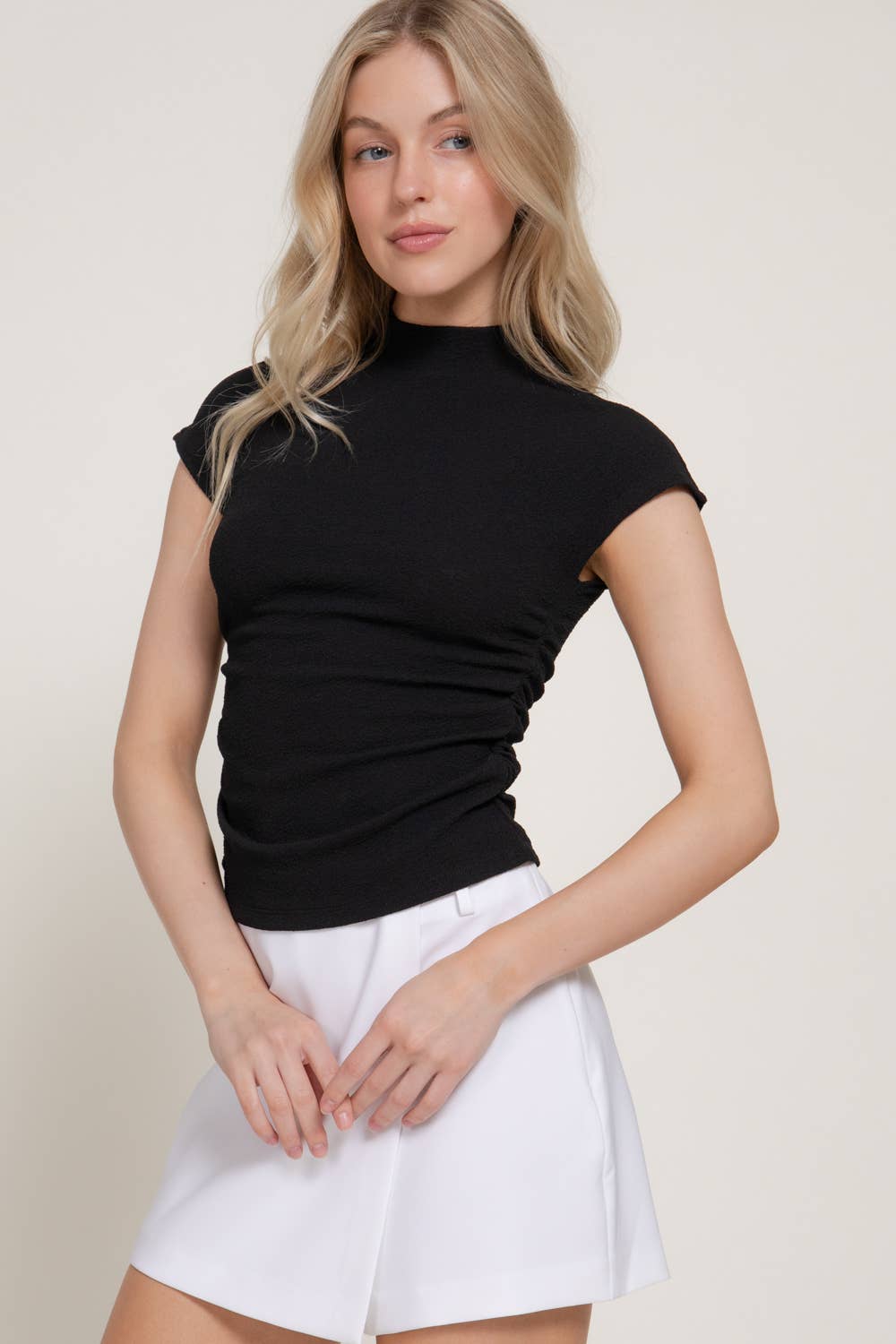 Cap Sleeve Mock Neck Side Ruched Texture Knit Top: TPE-taupe / M