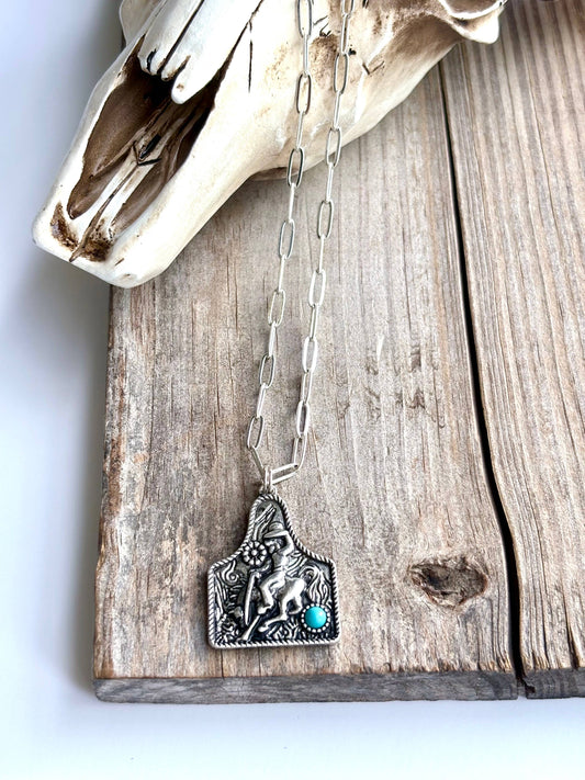 Western Cowboy Scenery EARTAG Pendant Stone Chain Necklace: Turquoise