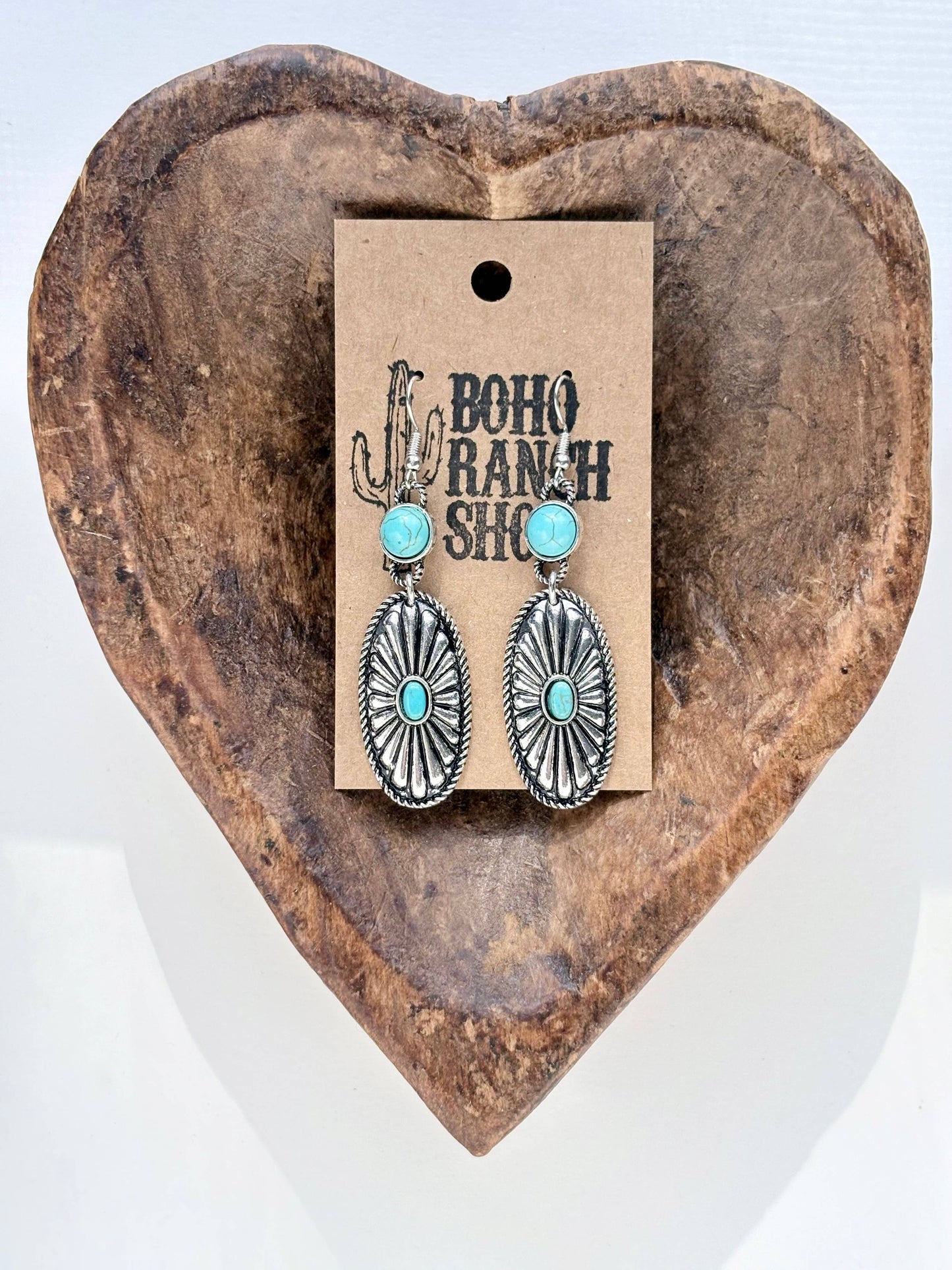Western Style Oval Concho Turquoise Stone Drop Earrings