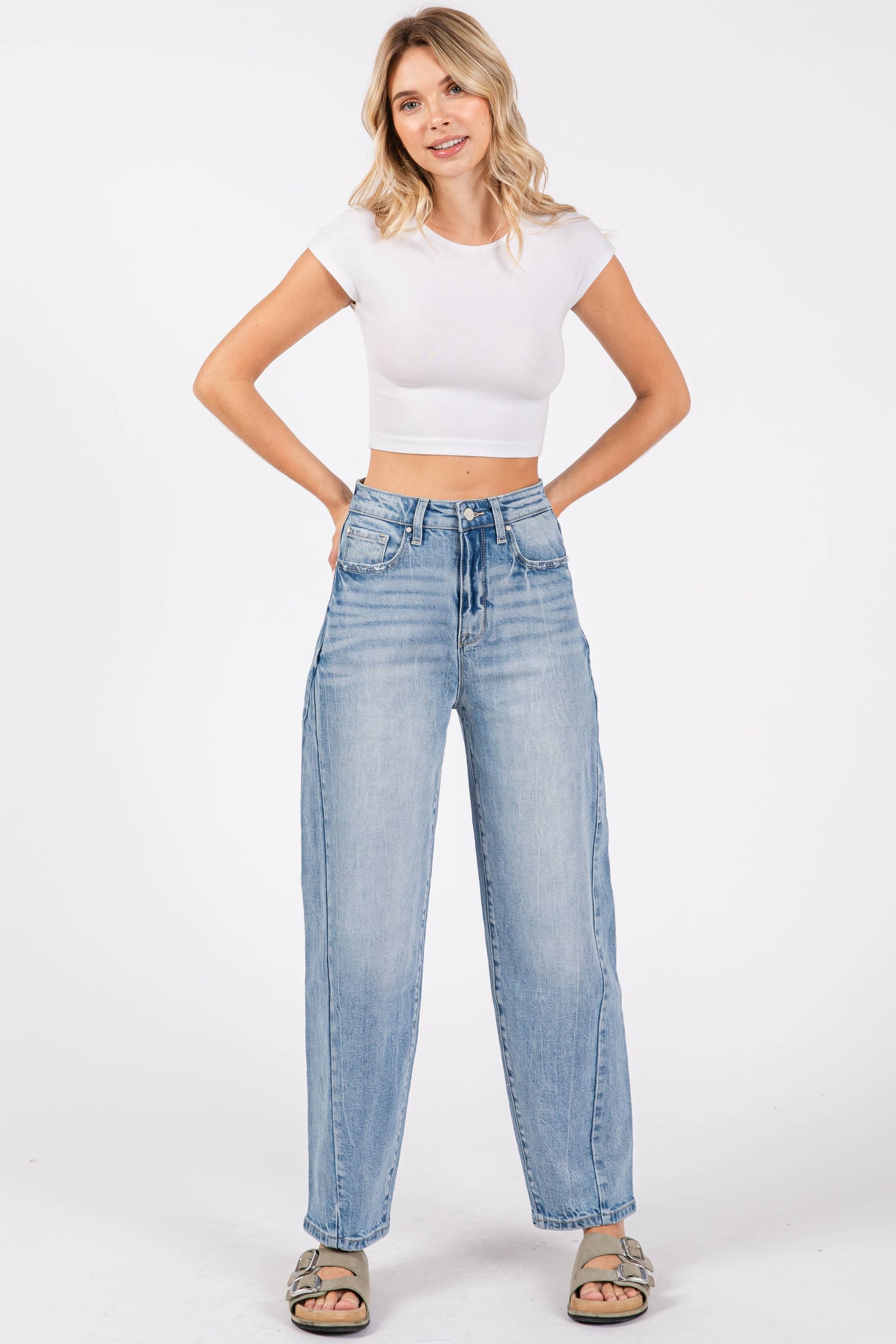 P1305X-LM SIDE SEAM DETAILING HIGH RISE COMFORT BARREL JEANS: 13/30