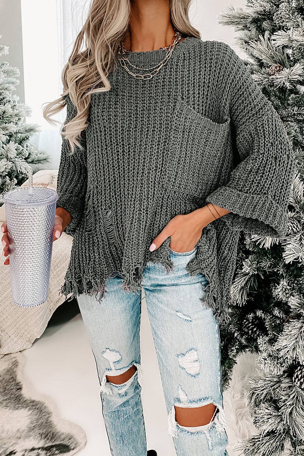 Alina Ripped Raw Hem Chunky Pullover Sweater: Gray / 100%Polyester