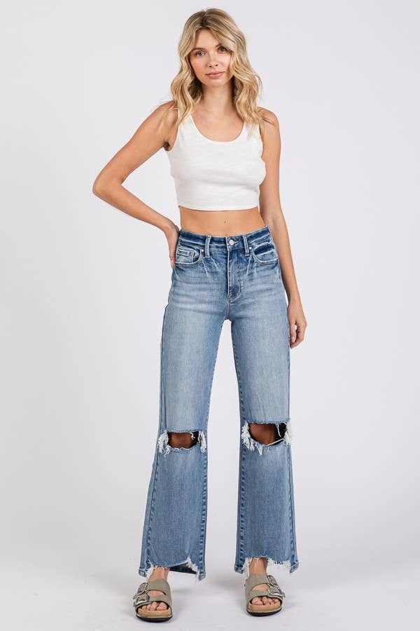 P1371W-MD HIGH RISE STRETCH SLIM WIDE LEG W/ DESTROYED HEM: 11/29