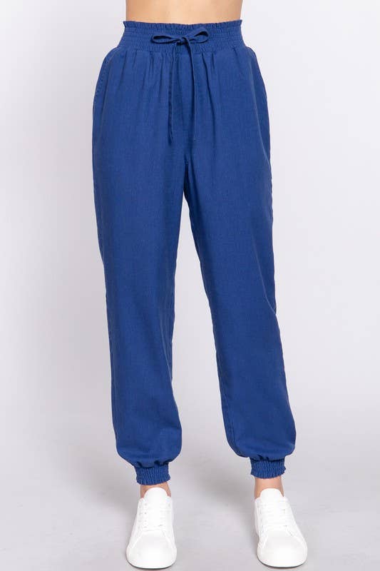 Smoked Waist Linen Jogger Pants: Blk-Black / M