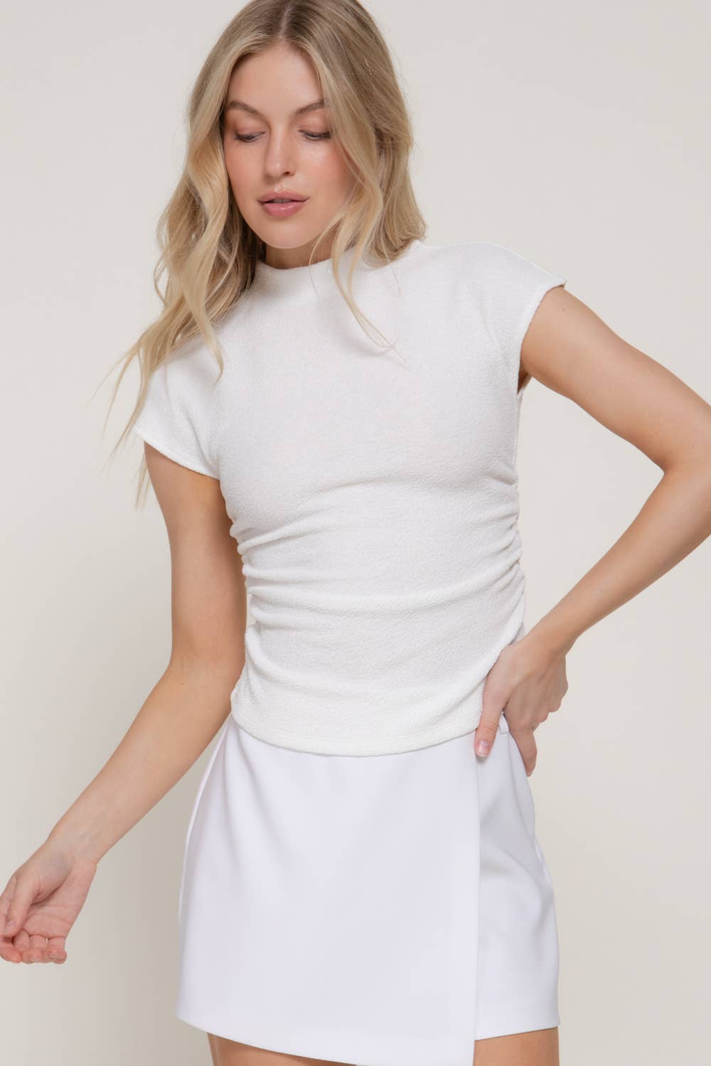 Cap Sleeve Mock Neck Side Ruched Texture Knit Top: TPE-taupe / M