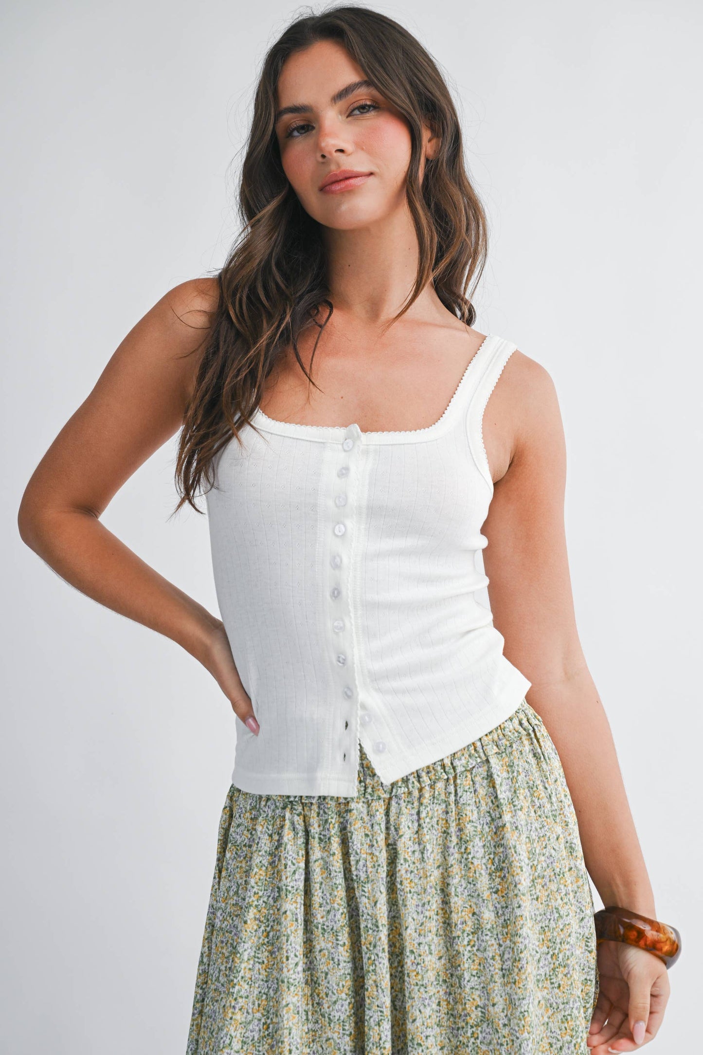 Pointelle Button Front Cami Tank: White