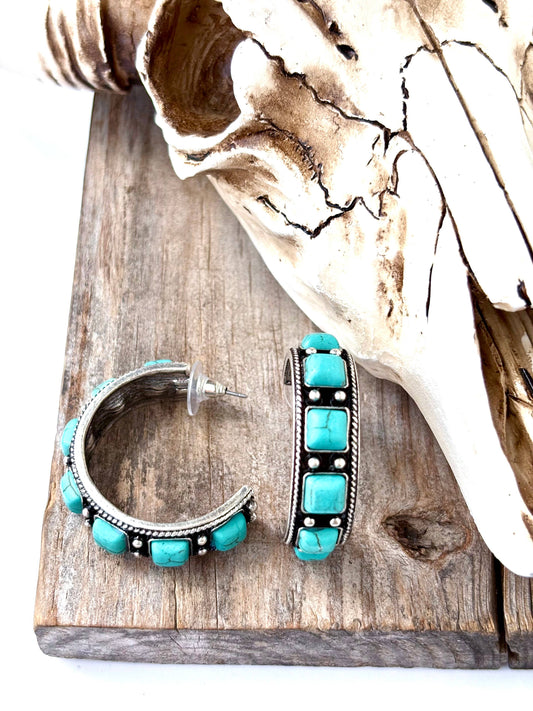 1.5" Open Hoop with Turquoise Stone Earrings: Turquoise