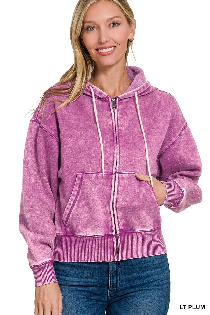 `Acid Wash Fleece Cropped Zip Up Hoodie - Zenana: MOCHA-159846 / L