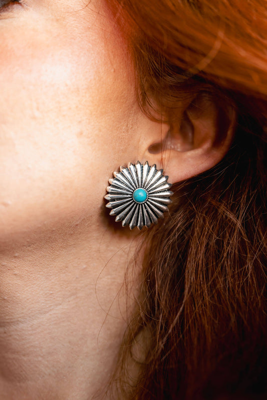 1.25" Silver Conco Burst Post Earrings w/ Turquoise Accent
