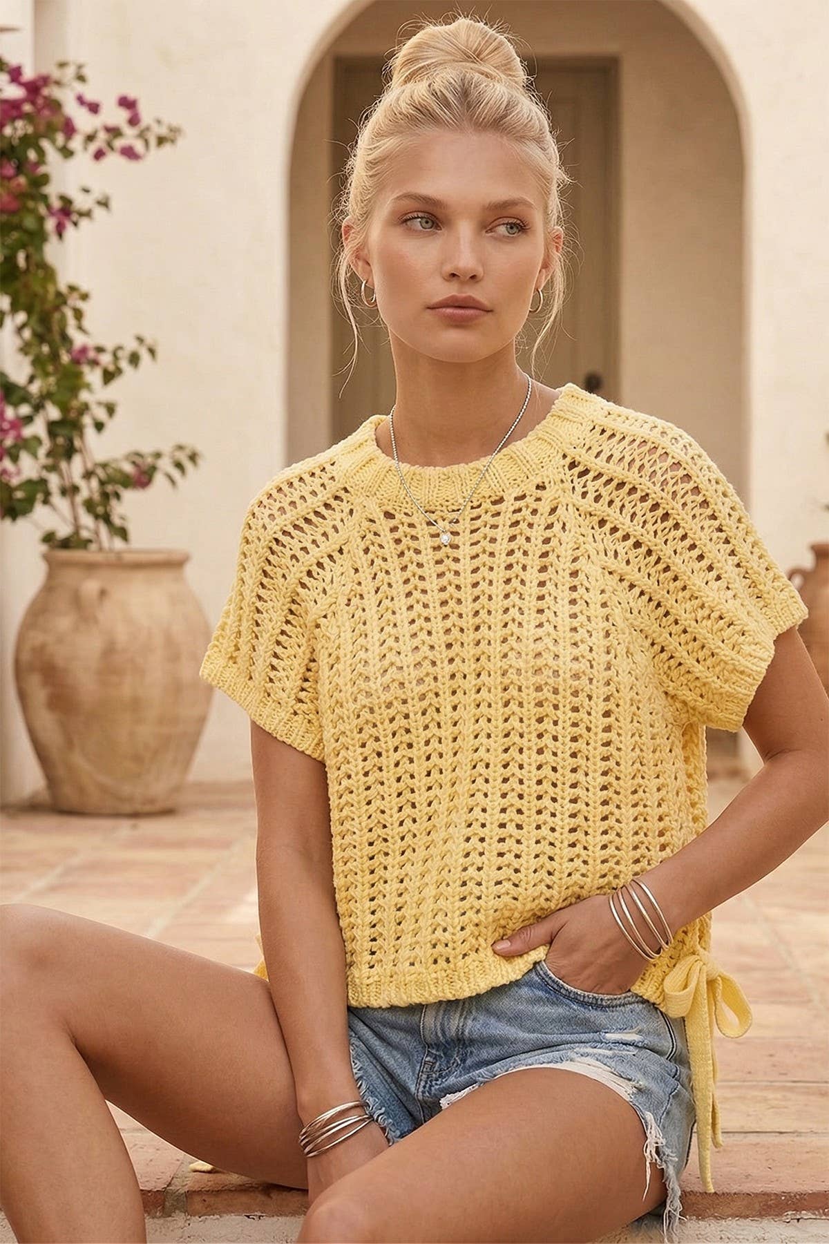 CHUNKY KNIT CROCHET SWEATER TOP WITH SIDE TIES W1551TIB   : Ivory / M