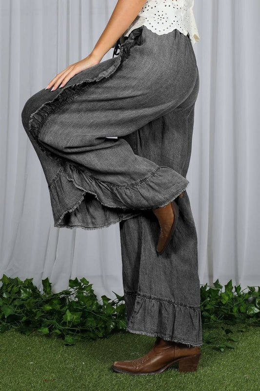 Flared Ruffle Hem Washed Chambray Crop Denim Pants