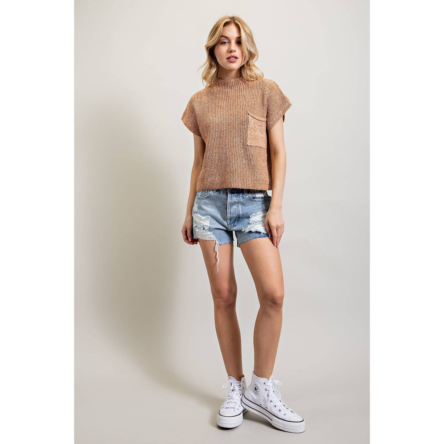 DROP SHOULDER RIB-KNIT SWEATER TOP: Brown / S-M-L(2-2-2)