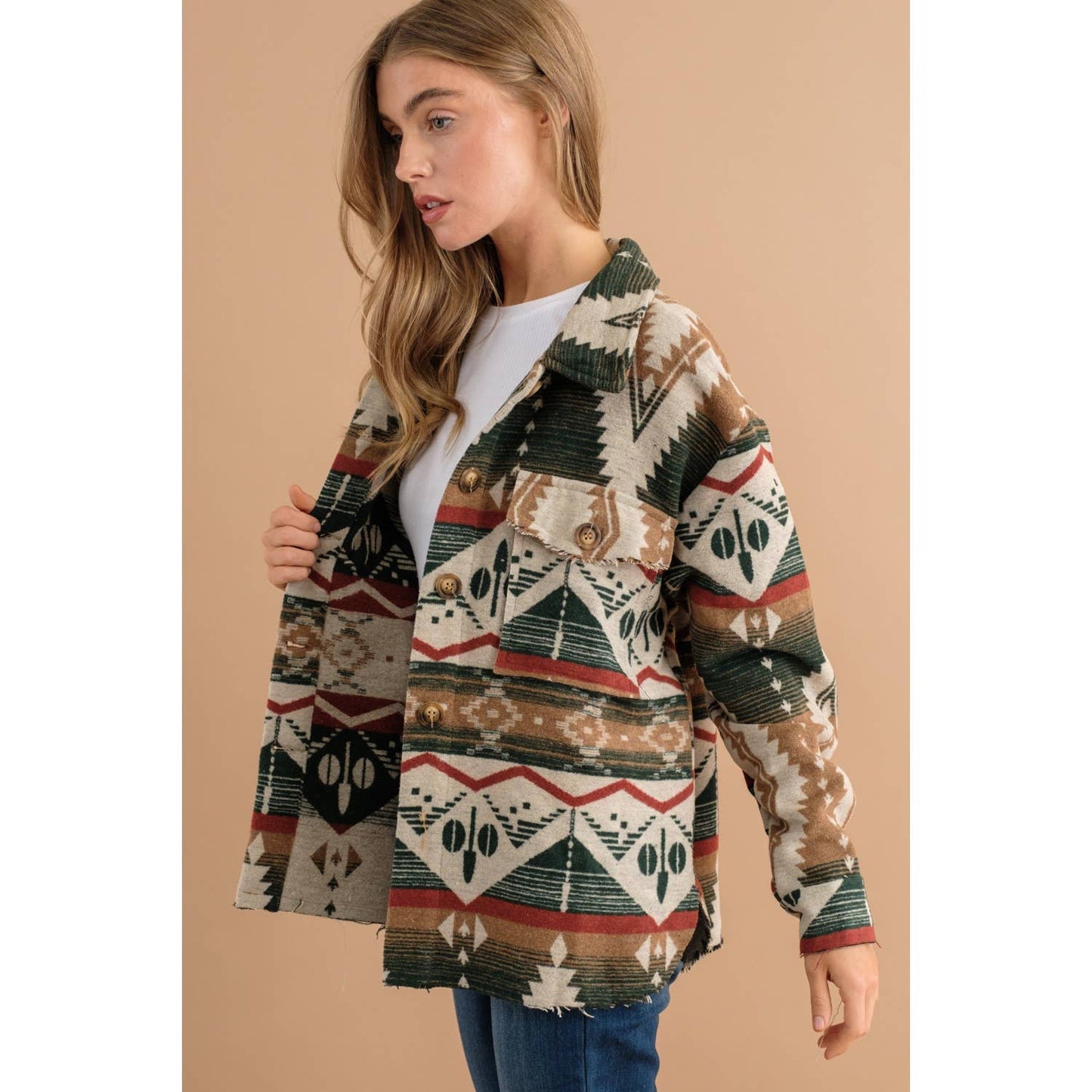 TRIBAL AZTEC PATTERN BUTTON DOWN SHIRT JACKET