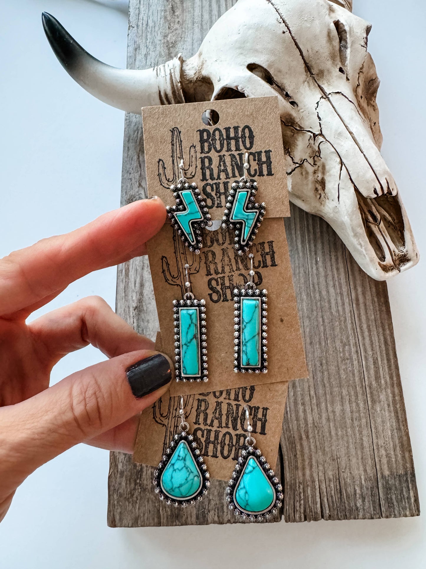 Western Hand Stone Stud Earrings Turquoise bolt bar teardrop: LIGHTNING BOLT