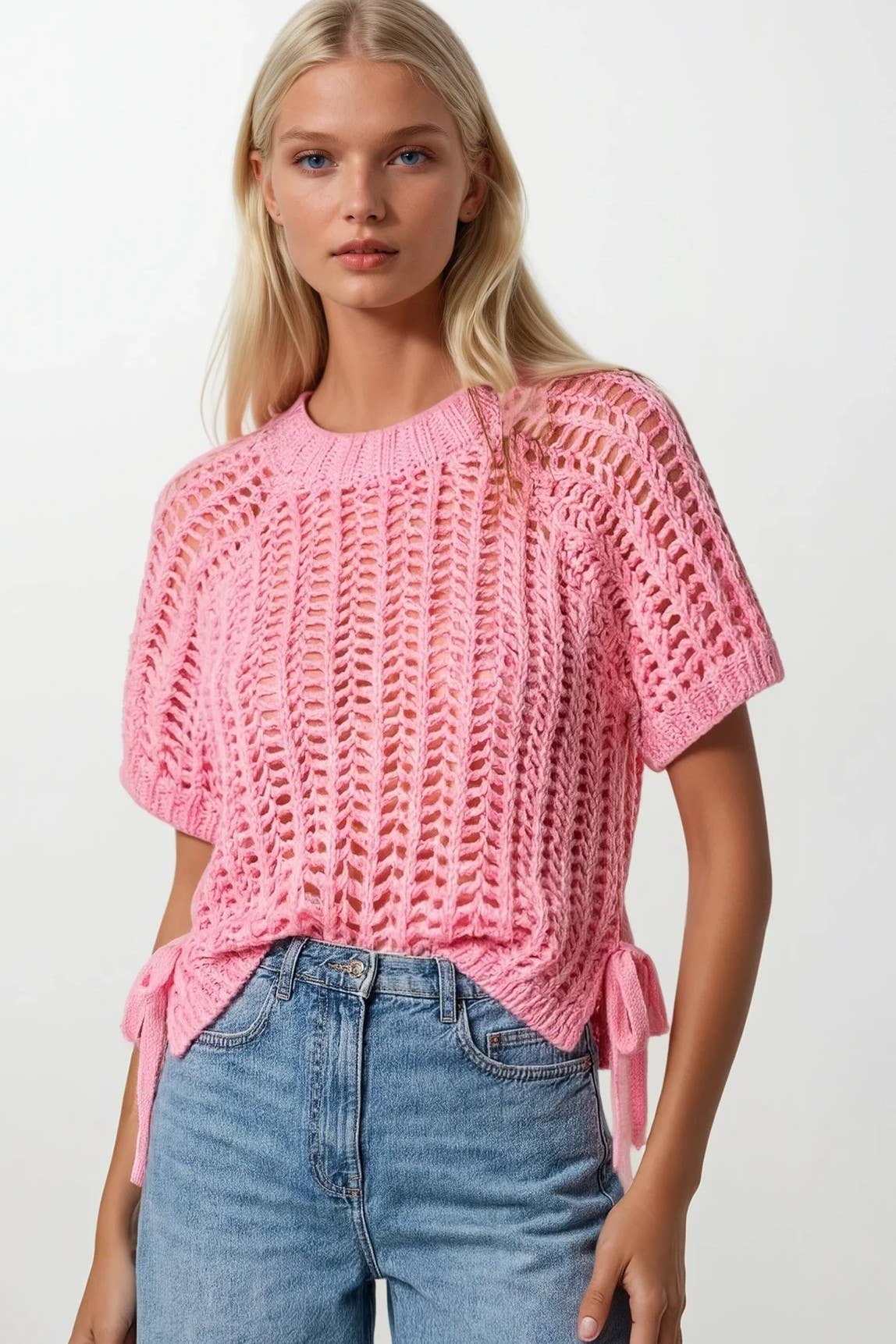 CHUNKY KNIT CROCHET SWEATER TOP WITH SIDE TIES W1551TIB   : Ivory / M