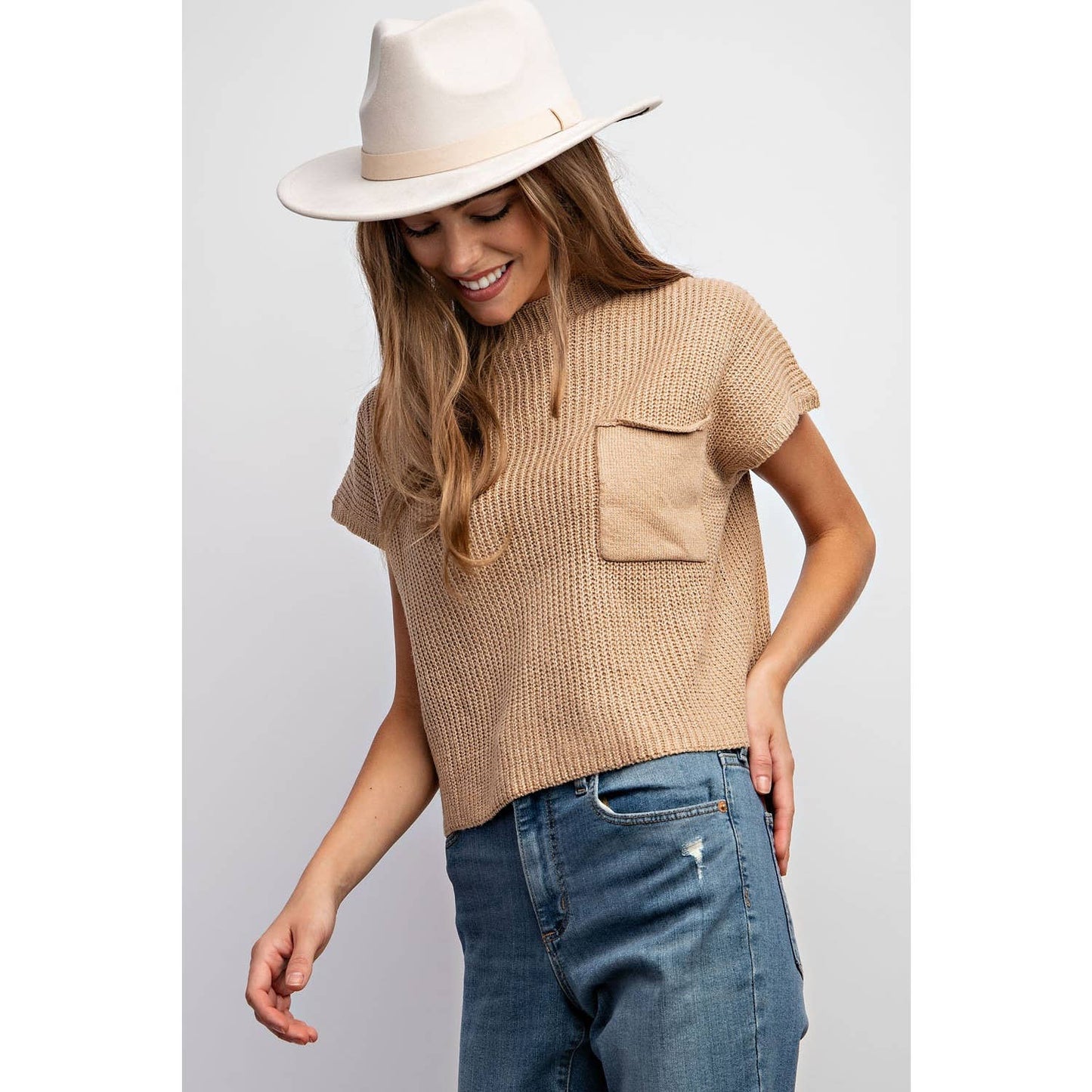 DROP SHOULDER RIB-KNIT SWEATER TOP : Taupe