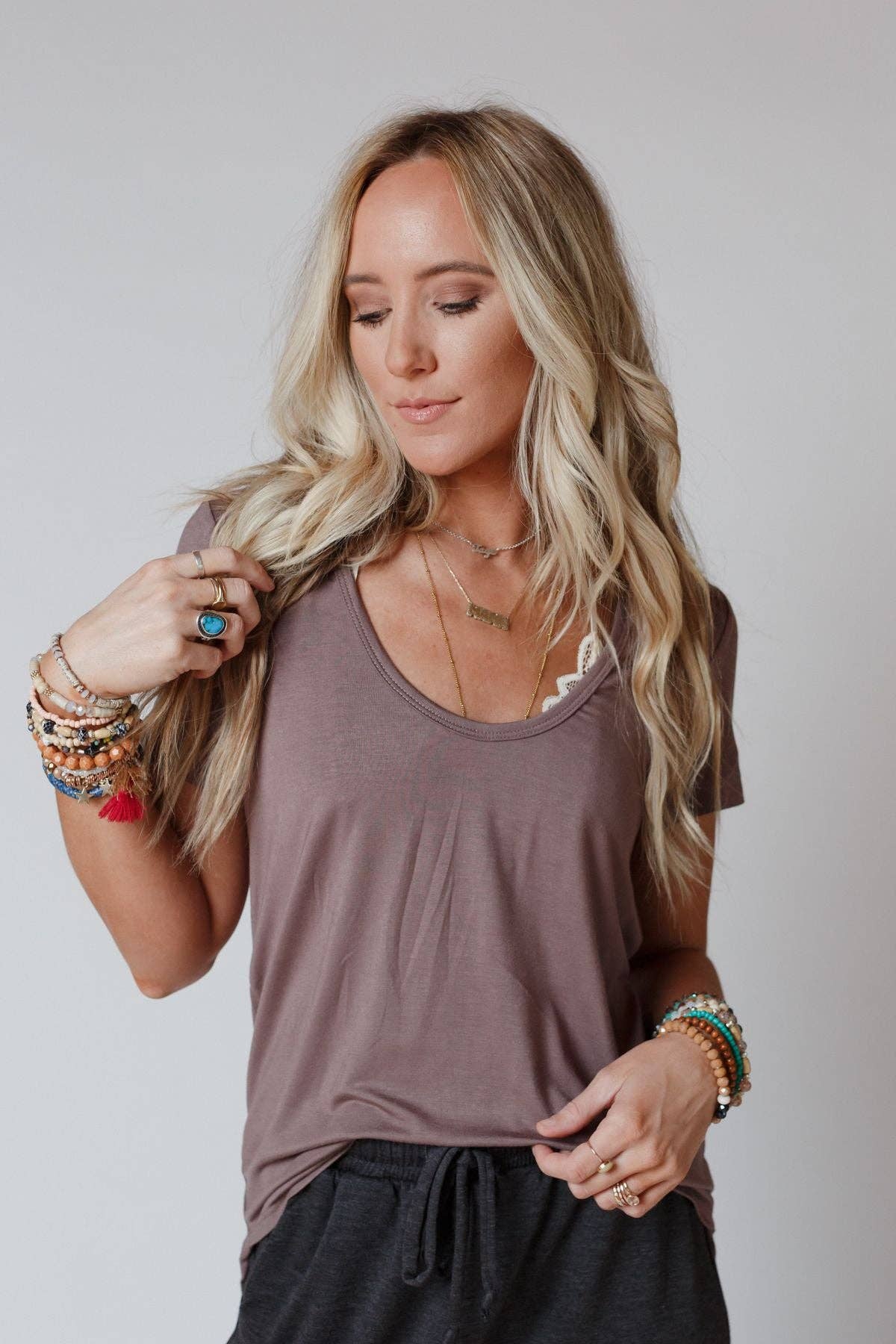 Scoop Neck Bralette Tee - Mocha: Mocha / S