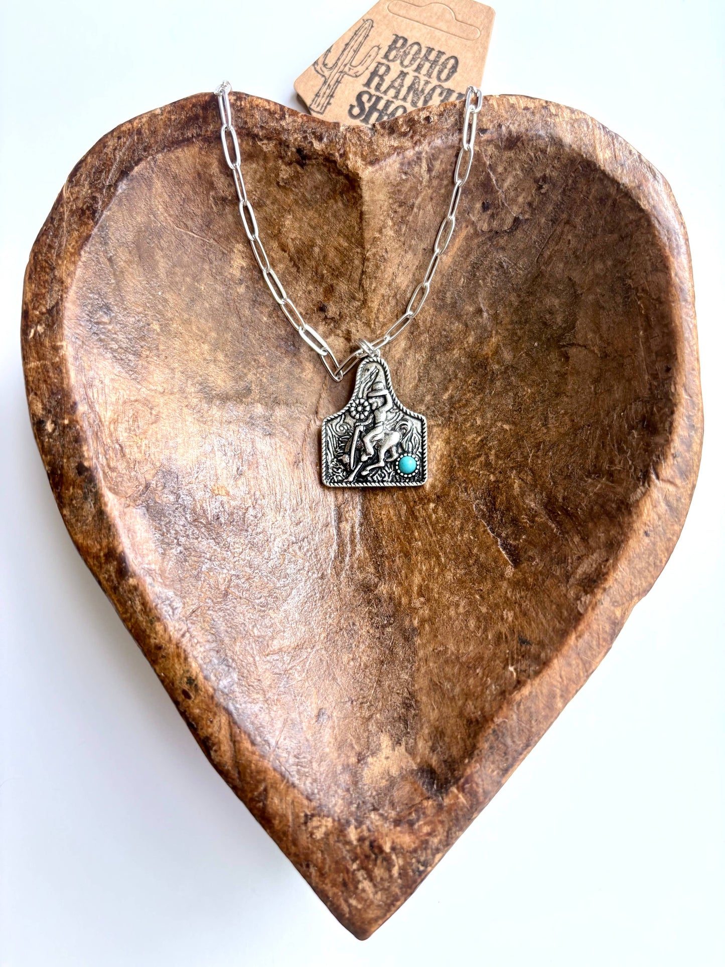 Western Cowboy Scenery EARTAG Pendant Stone Chain Necklace: Turquoise