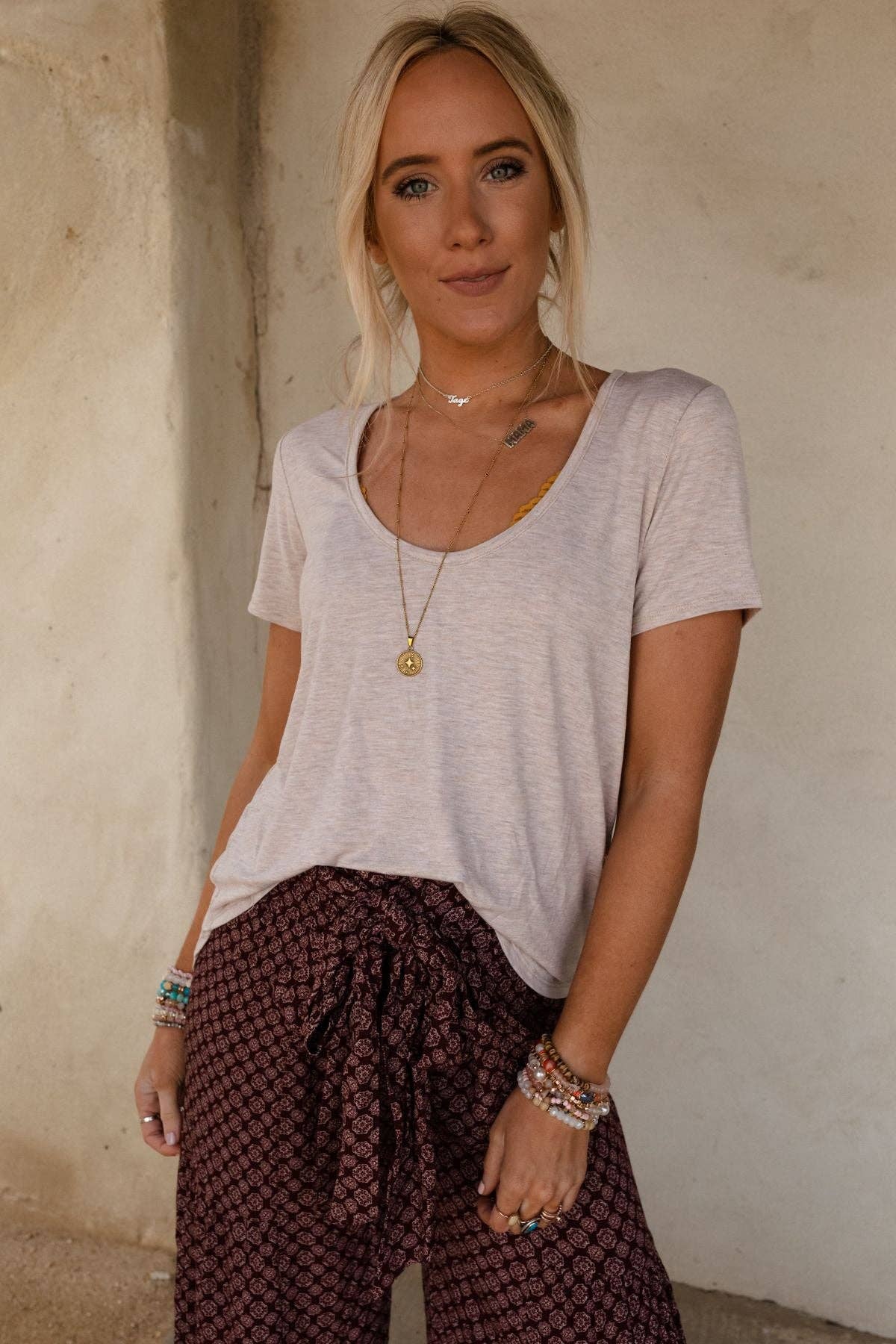 Scoop Neck Bralette Tee - Heather Oatmeal: L