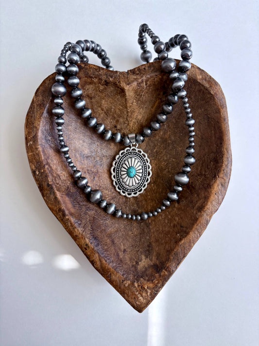 2 Layer Navajo Pearl Bead Stone Concho Pendant Necklace: TURQUOISE