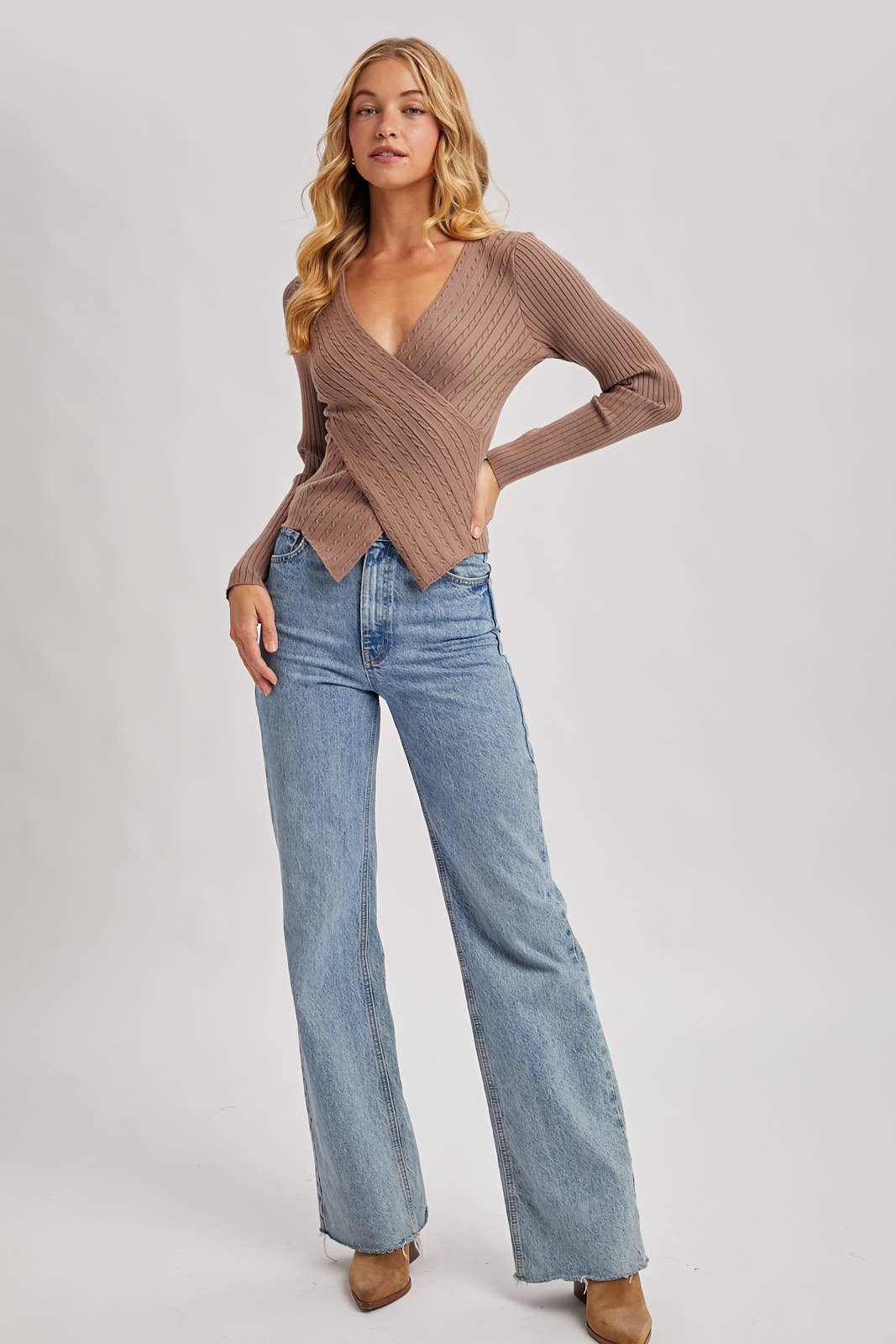 V-NECK FIXED-WRAP KNIT SWEATER TOP