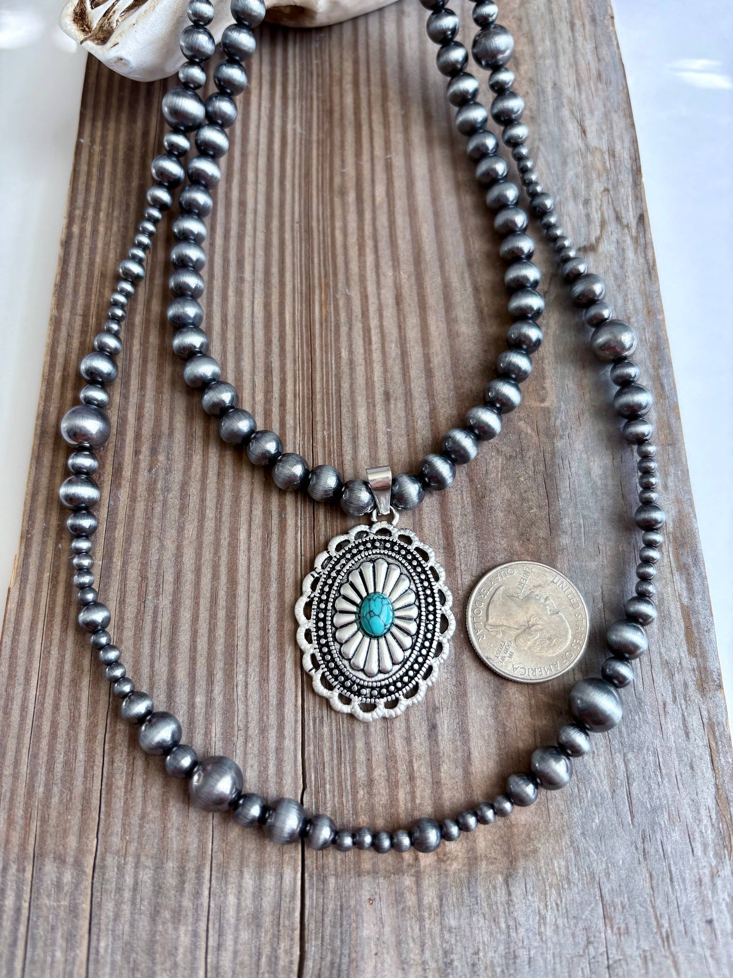 2 Layer Navajo Pearl Bead Stone Concho Pendant Necklace: TURQUOISE