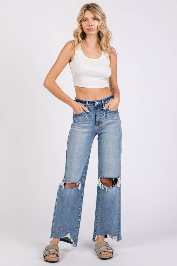 P1371W-MD HIGH RISE STRETCH SLIM WIDE LEG W/ DESTROYED HEM: 7/27