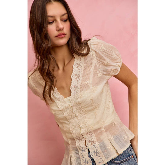 FLORAL EMBROIDERED TEXTURE WOVEN LACE BLOUSE TOP