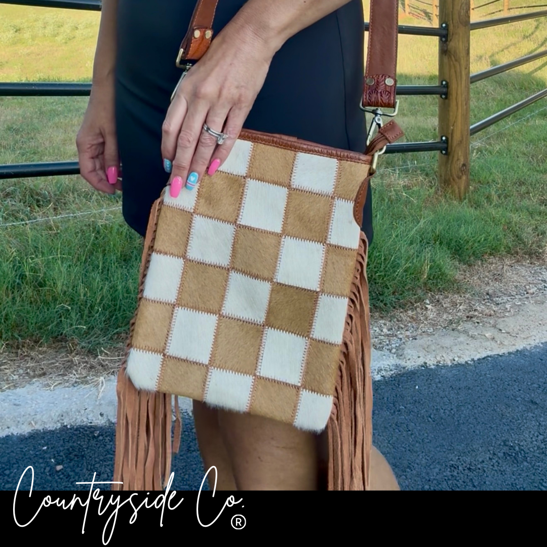 Stockdale Checkered Cowhide Fringe Purse, Brown & White