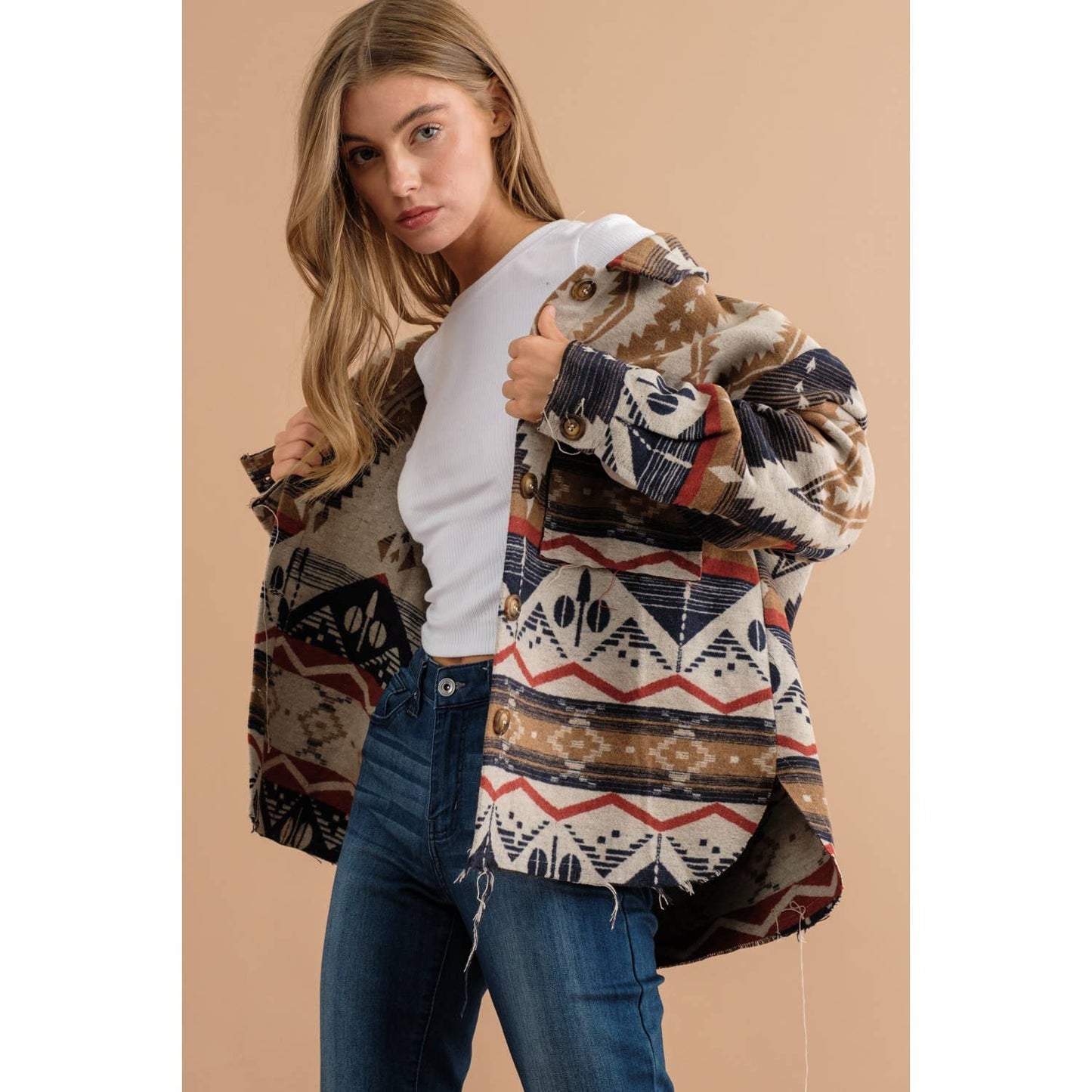 TRIBAL AZTEC PATTERN BUTTON DOWN SHIRT JACKET