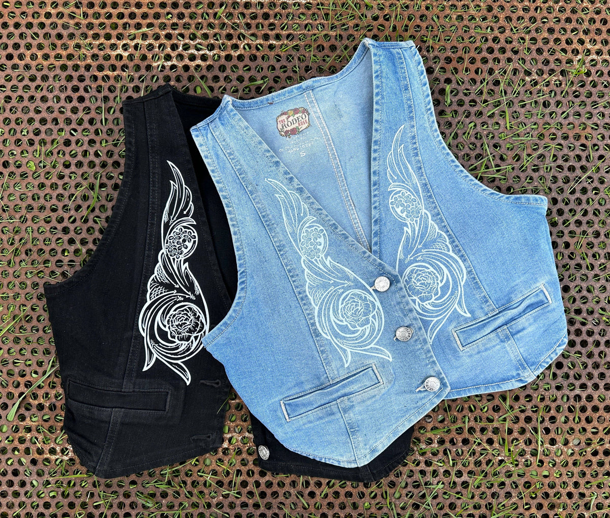 Cropped denim vest with hand tooled printed pattern: Denim / Large