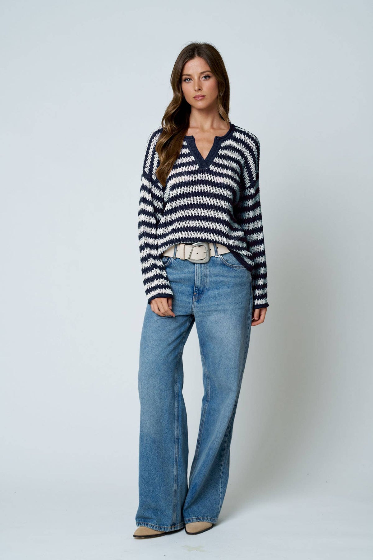 STRIPE RAW EDGE SPLIT NECK SHEER KNIT SWEATER : MOCHA