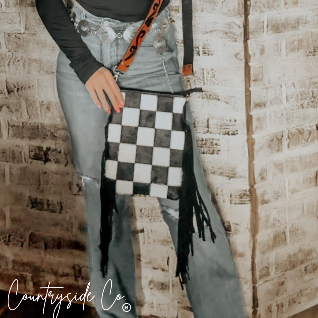 Stockyard Checkered Cowhide Fringe Purse, Black & White
