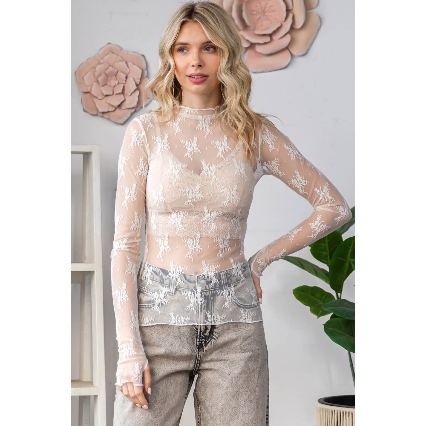 Lace Long Sleeve See Through Top