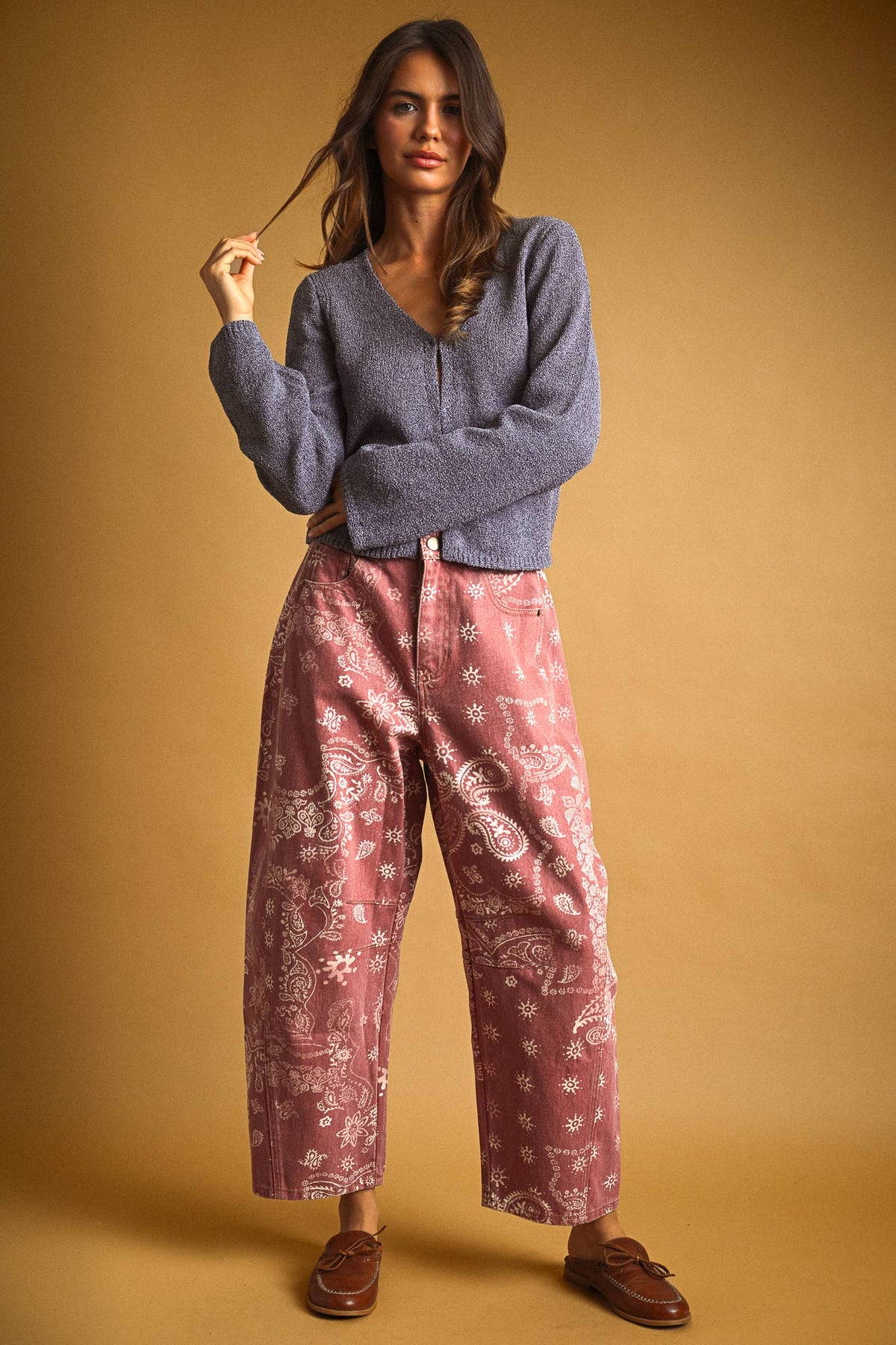 P6317   PAISLEY PRINT WASHED PANTS: BROWN / M