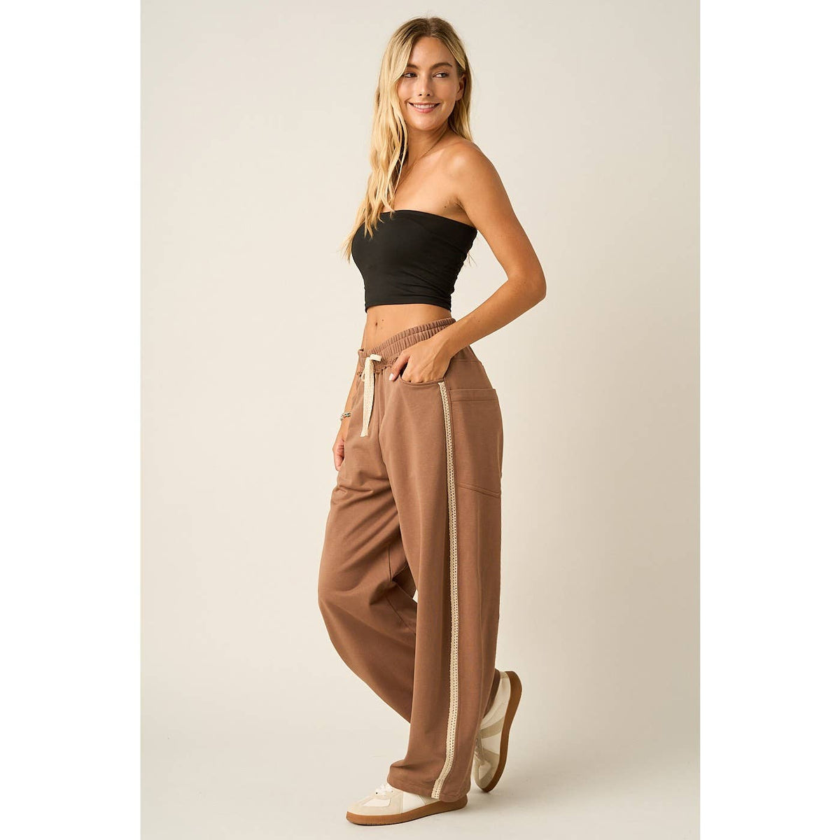 LACE TRIM BARREL LEG DRAWSTRING PANTS: MOCHA MOUSSE / S-M-L(2-2-2)