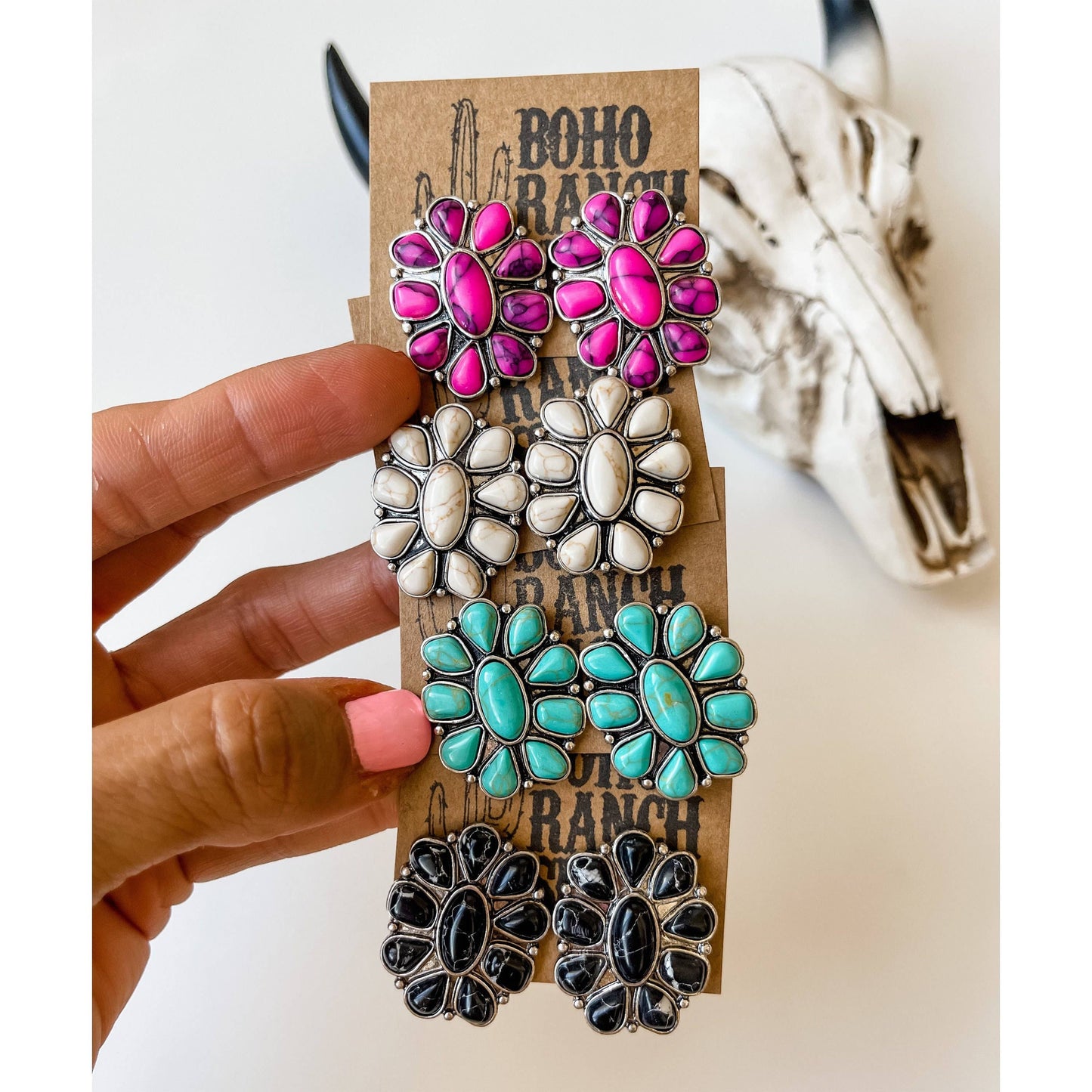 Conch Stone Studs Earrings Western Earrings: Black