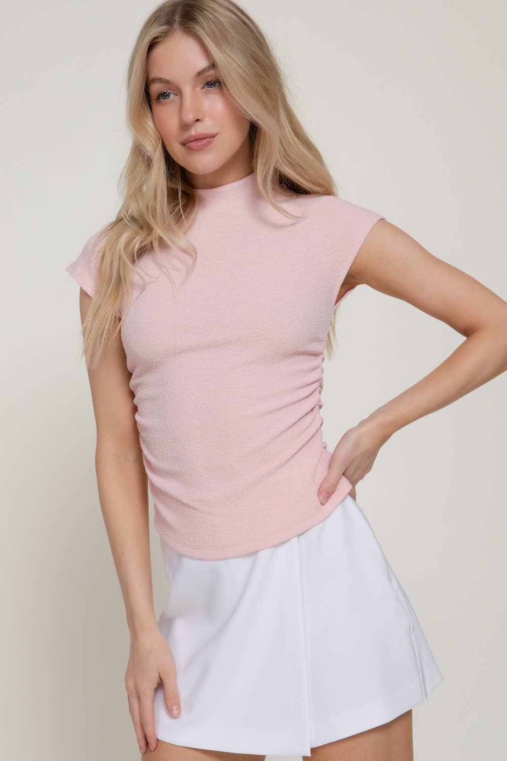 Cap Sleeve Mock Neck Side Ruched Texture Knit Top: TPE-taupe / M