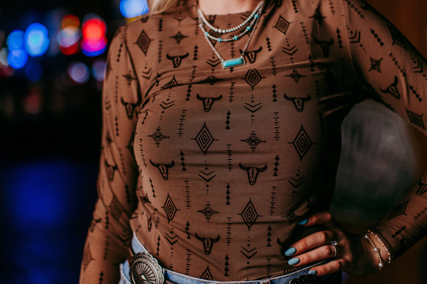 Cow head Aztec Mesh Top Brown